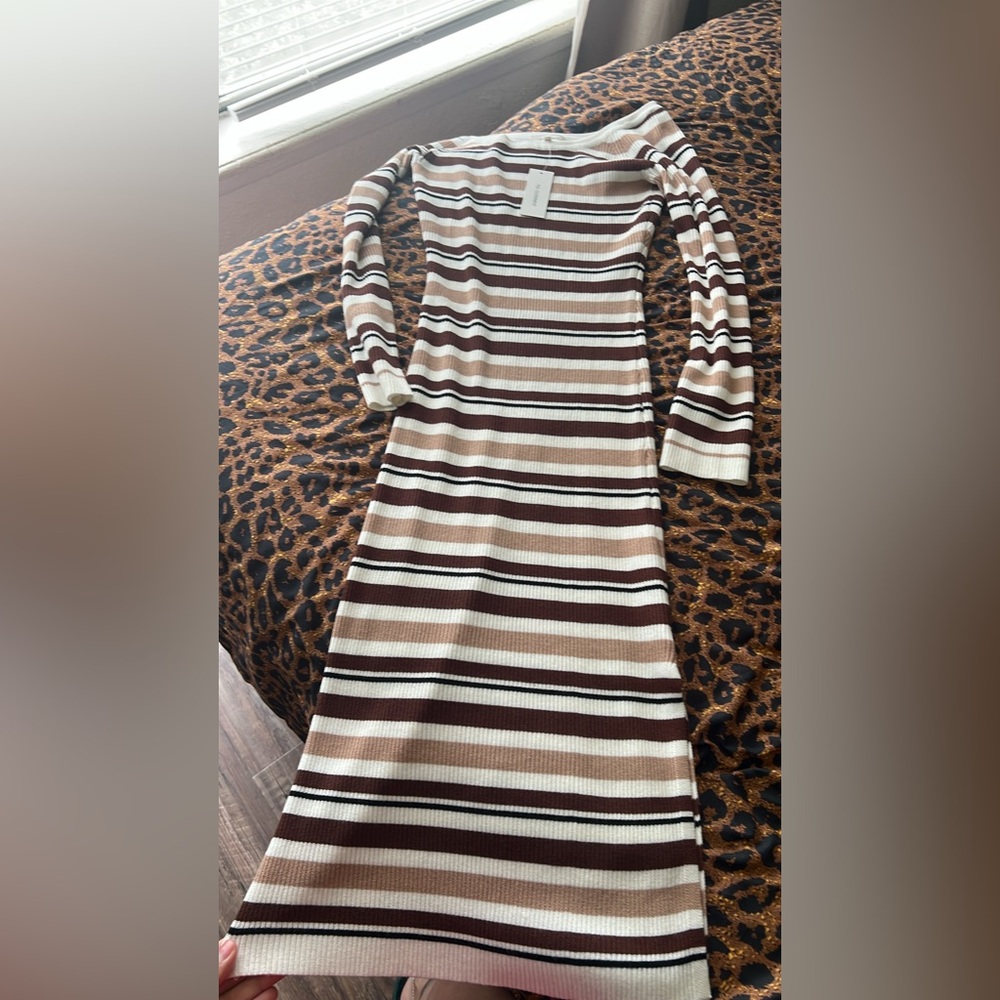 Striped Knit Long-Sleeve Bodycon Dress in Brown and Cream